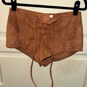 Honey Punch Tan Suede Lace-Up High Waist Shorts